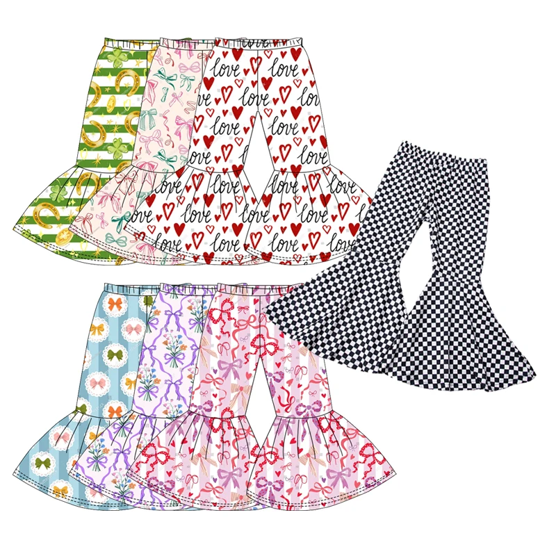 Custom Bow & Heart Printings Bell Bottom Pants for Girls Kids Flare Pants for Baby Girls on Valentines Day
