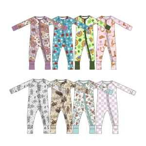 Hot Sale Custom Print Bamboo Fabric Long Sleeves Baby Girls Zippy Pajamas Romper