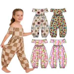 Hot Sale Custom Floral Pattern Off Shoulder Short Sleeves Jumpsuit Kids Girls Boutique Clothes for Summer