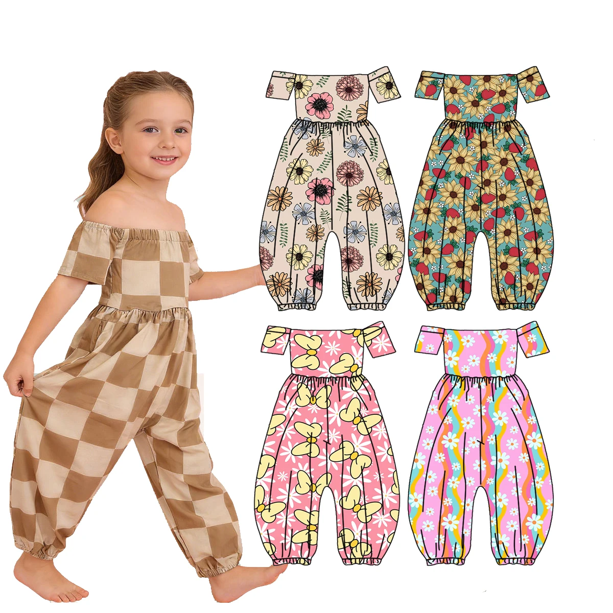 Hot Sale Custom Floral Pattern Off Shoulder Short Sleeves Jumpsuit Kids Girls Boutique Clothes for Summer