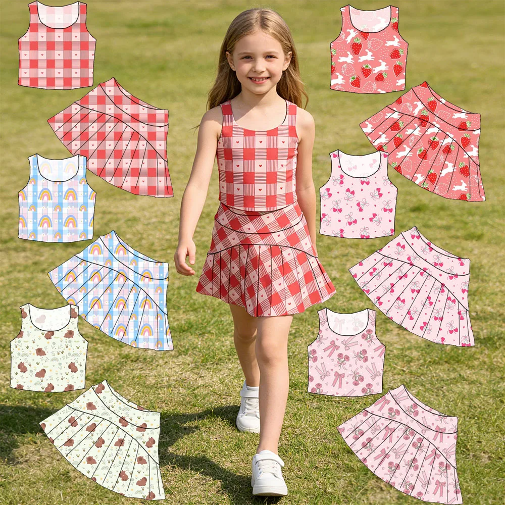 High-quality Summer Girl Sleeveless Top Paired with Short Skirt Set Custom Printed Children's Clothing