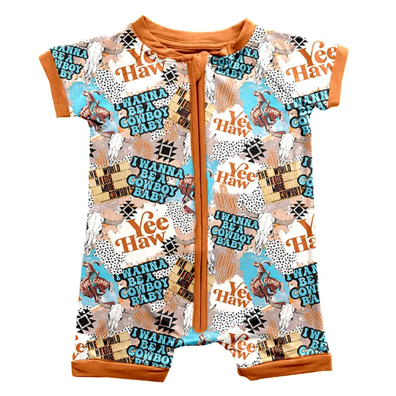 New Arrival Boy Romper With Zipper Short Sleeve Short Pants Western Pattern Bamboo Fabric Summer Newborn Baby Pajamas - Image 3