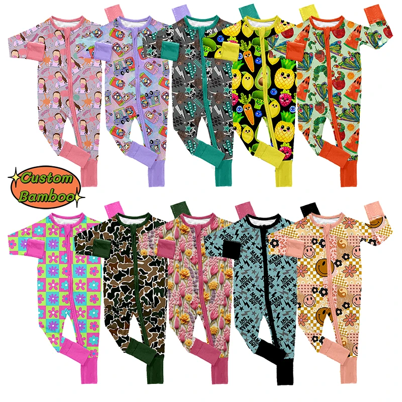 Hot Selling Custom Printing Baby 95 Bamboo 5 Spandex Fabric One Piece Home Wear Folded Cuffs Baby Long Zippy