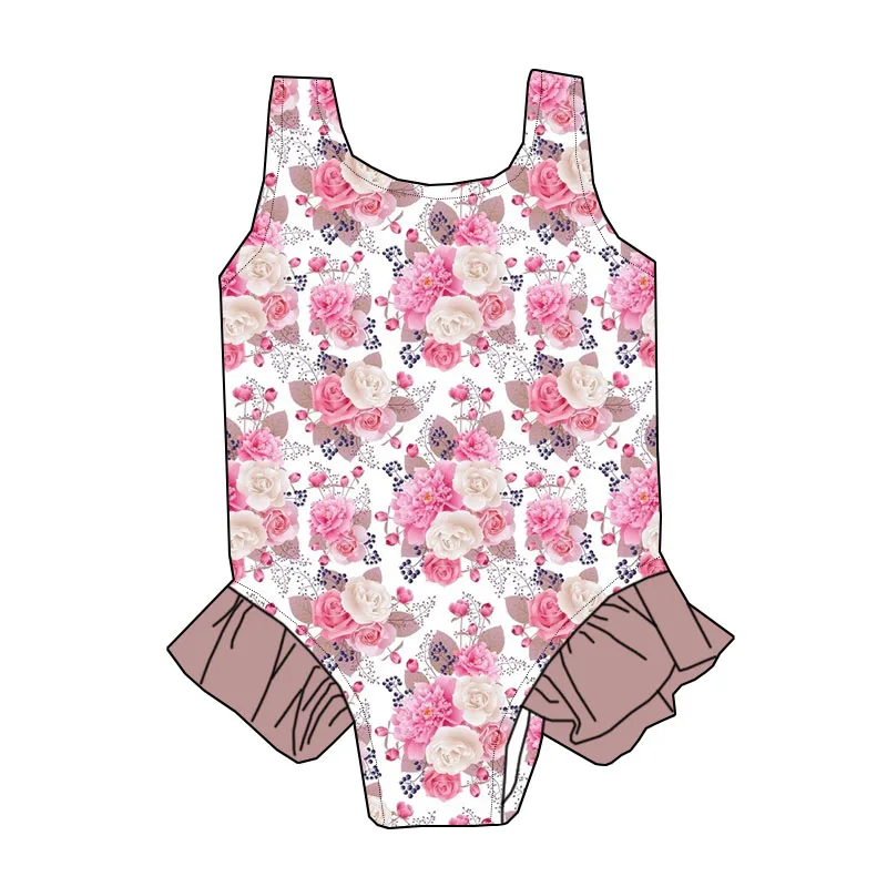 Factory Wholesale Custom Summer Girls' Swimwear Floral Pattern Sleeveless Lace Children's Beach Swimwear One-piece Swimwear - Image 4