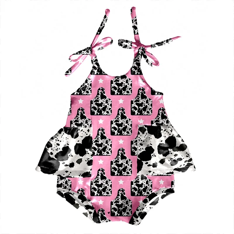 Summer Kids Tie up Leotard With Snap Button Custom Print Milk Silk Fabric Baby Clothes Girls Bubble Ruffle Romper - Image 2