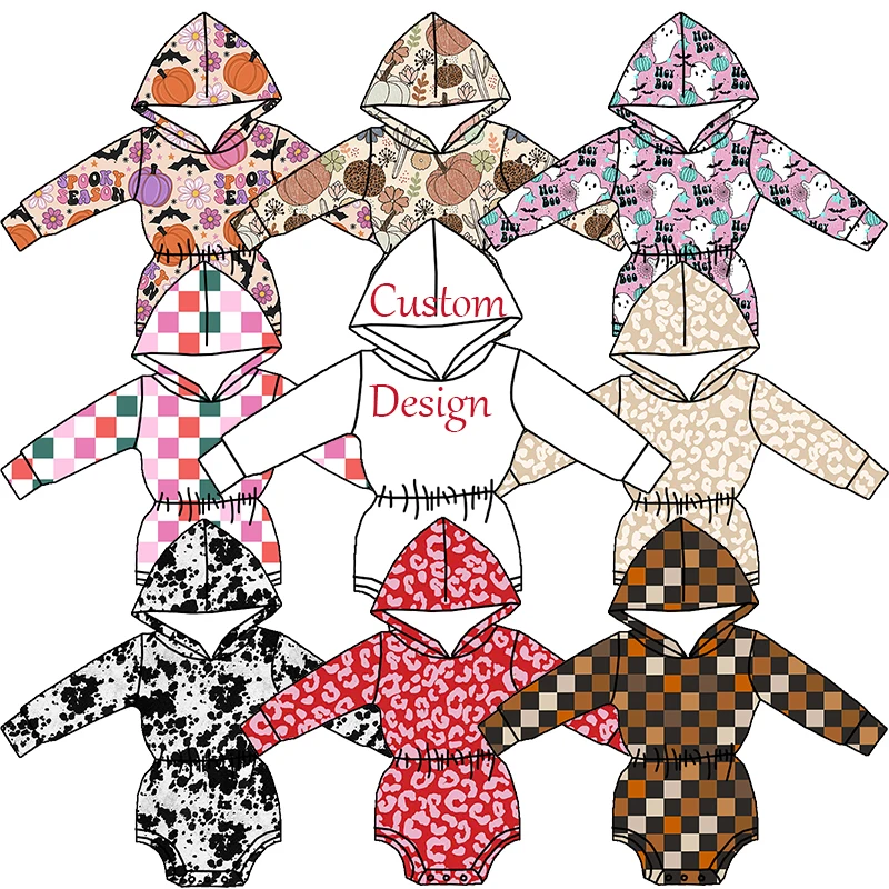 Newest Kids Clothing Spooky Season Halloween Custom Printed Long Sleeve One Piece Girls Hooded Romper