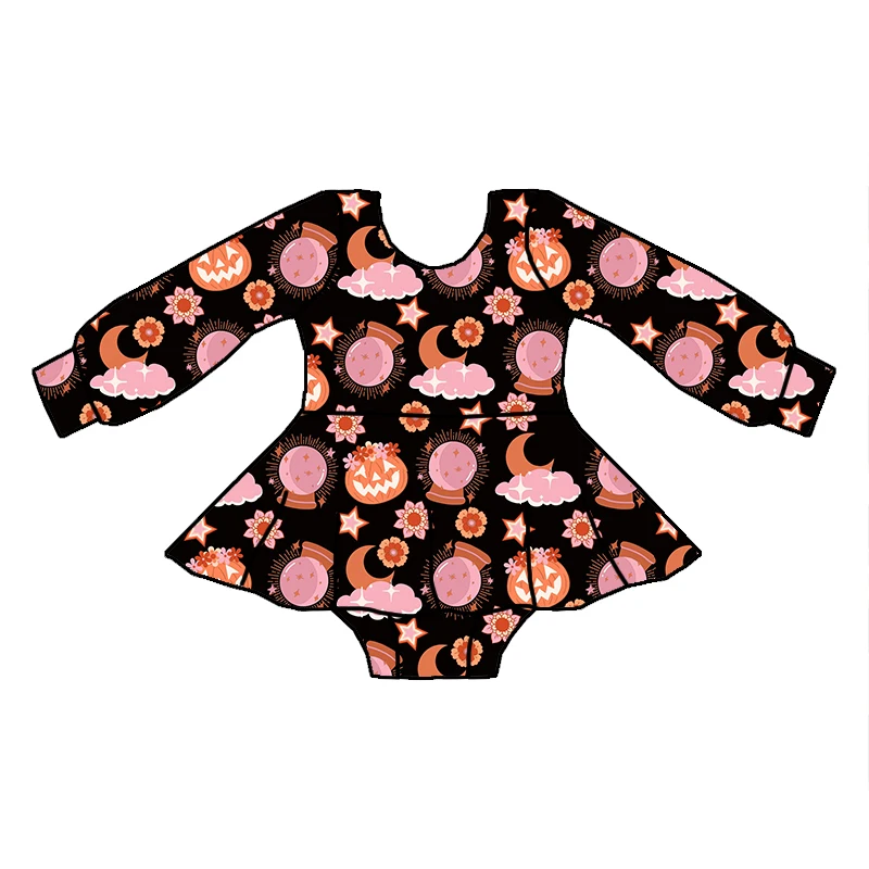 2023 Fashion Children Fall Season Spooky Kids One-piece Custom Prints Girls Long Sleeve Skirted Romper - Image 2