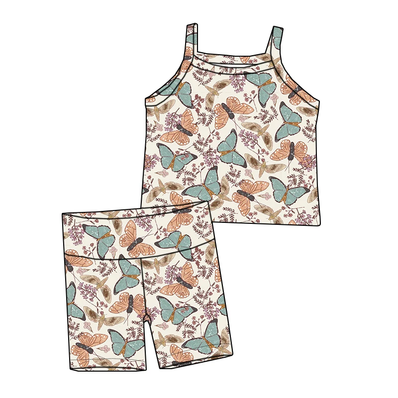 Summer Girls' Breathable Sleeveless Set with Custom butterfly Flowers and Comfortable Fabric Children's Cycling Pants Set - Image 5