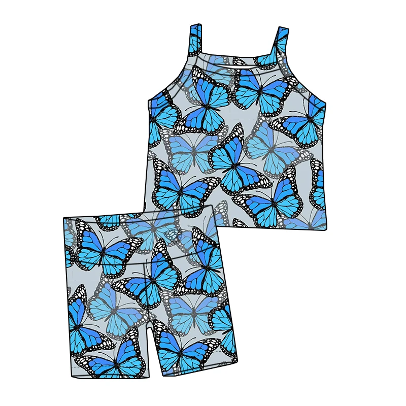 Summer Girls' Breathable Sleeveless Set with Custom butterfly Flowers and Comfortable Fabric Children's Cycling Pants Set - Image 4