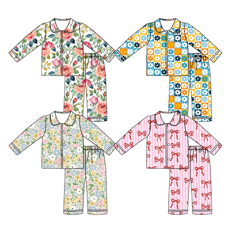 Hot Selling Kids Girl Long Sleeve Two Piece Pajamas Spring Summer Custom Printing Sleep Wear Set