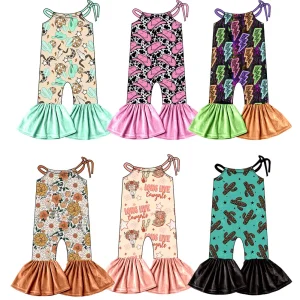 New Design Toddler Girls One Piece Halter Bodysuit Custom Pattern Sleeveless Bell Bottoms Kids Tie up Romper