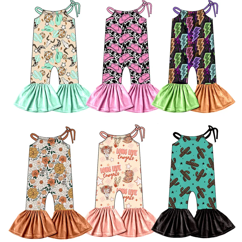 New Design Toddler Girls One Piece Halter Bodysuit Custom Pattern Sleeveless Bell Bottoms Kids Tie up Romper