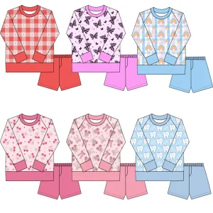 High-quality Girls' Summer Custom-pattern Long-sleeved Plus Short Pants Set. Comfortable Bamboo Fabric Girls' Set.
