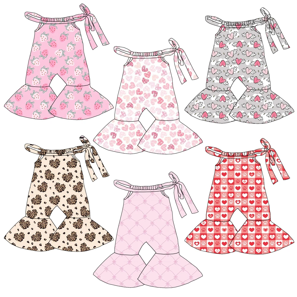 Newly Arrived Best-selling Heart-print Baby Jumpsuit with Drawstring Flared Pants Design for Girls' One-piece Outfit