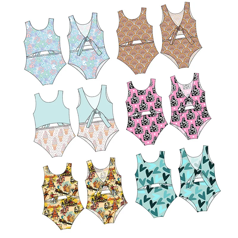 Wholesale Western Print Girl Swimsuit Double Layer Baby One Pieces Swim Wear Custom Pattern Kids Bathing Suit