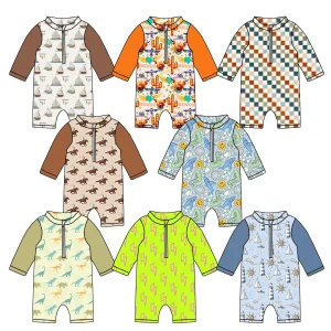 New Arrival  Boy Long Sleeve One Piece Zipper Swimsuit Cartoon Custom Pattern Kids Swimwear One Piece Swimwear