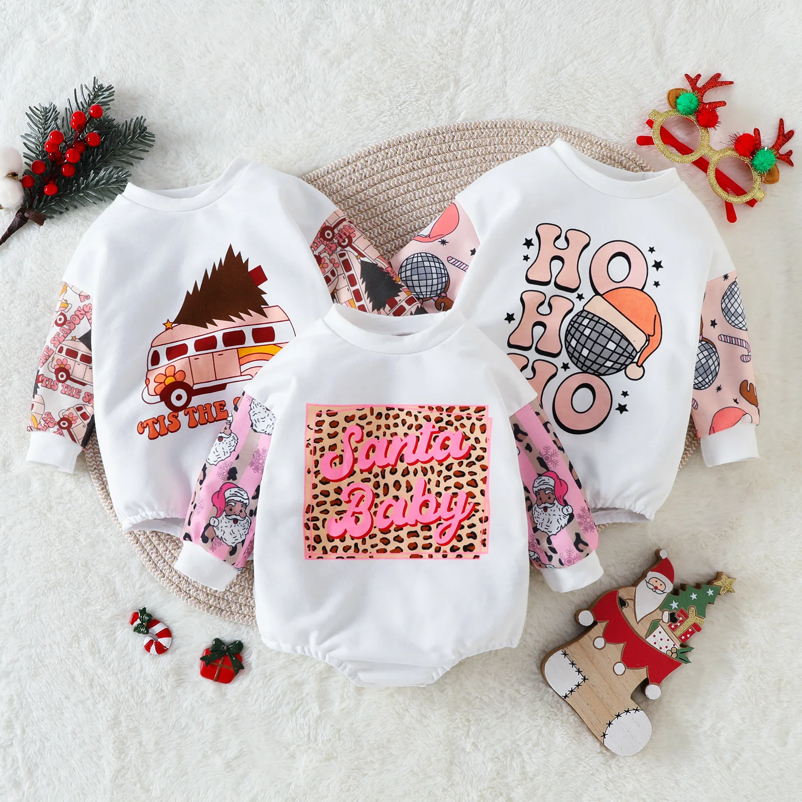 2023 Western Christmas Newborn Baby One Piece Romper Long Sleeve Solid Cuff Round Neck Winter Girl Leotard - Image 5