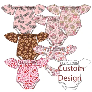 Trendy Boutique Kids Clothing Valentine's Day Heart Custom Printing Baby Girl off Shoulder Romper