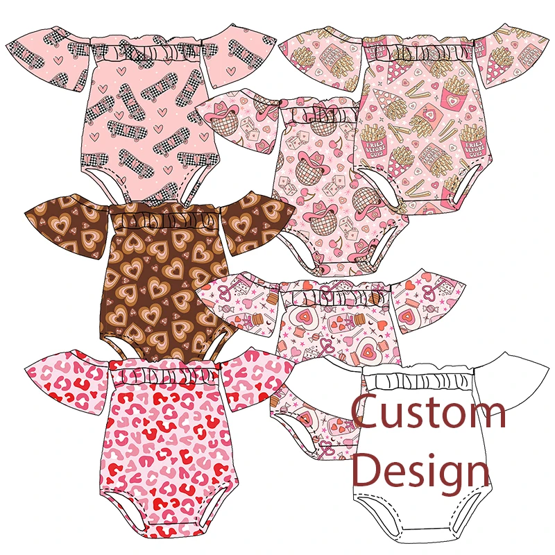 Trendy Boutique Kids Clothing Valentine's Day Heart Custom Printing Baby Girl off Shoulder Romper