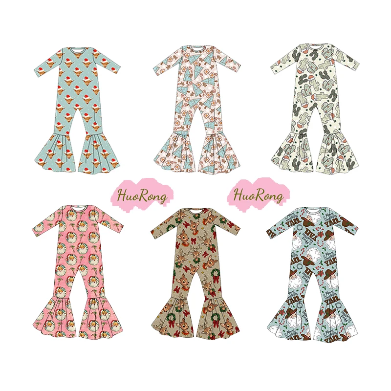 Wholesale Newborn Baby Long Sleeve Romper Custom Infant Toddler Baby Girl Christmas Top Bell Bottoms One Piece Sets Baby Clothes