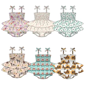 Newly Arrived Cute Baby Girl Custom butterfly Pattern Crawl Suit Lace-up Elastic Design and Lace Boutique Children's Onesie