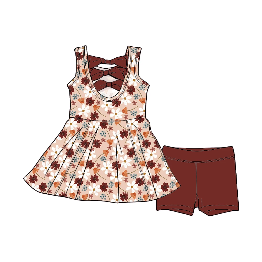 Hot Sale Summer Custom Floral Pattern Back Bows Peplum Tops with Biker Shorts Boutique Kids Girls Clothes Sets - Image 2
