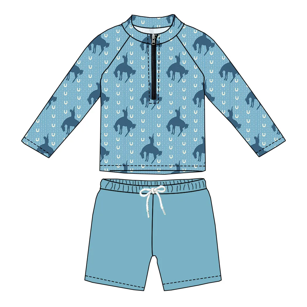 Hot Sale Custom Western Print Swim Sets Long Sleeves Zip-up Tops and Trunks Swimwear Kids Boys 2-Pieces Swimsuit - Image 2