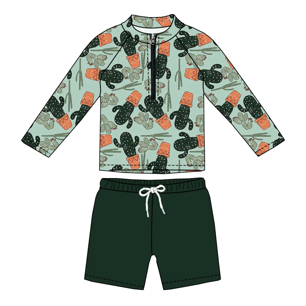 Hot Sale Custom Western Print Swim Sets Long Sleeves Zip-up Tops and Trunks Swimwear Kids Boys 2-Pieces Swimsuit - Image 5