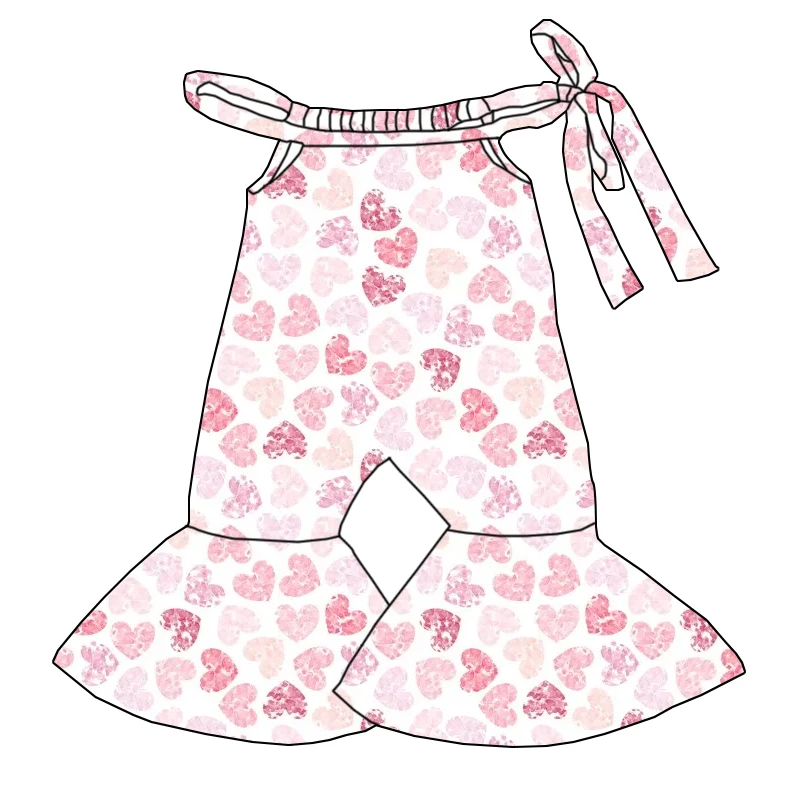 Newly Arrived Best-selling Heart-print Baby Jumpsuit with Drawstring Flared Pants Design for Girls' One-piece Outfit - Image 4