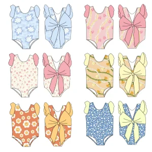 2026  Summer Custom Lace-up One-piece Swimsuit for Baby Girls Beach Pool Children's Boutique Clothing