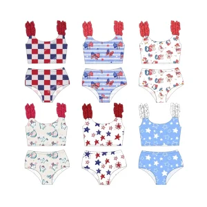New Arrival Kids Baby Two-Piece Swim Set Custom 4th of July Printing Summer Bathing Swimsuit with Ruffles