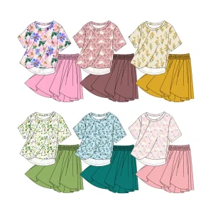 Hot Sale Kids Girl Short Sleeve Shirt with Skirts Set Soft Bamboo Fabric Little Girl Outfits