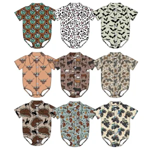 Toddler Boy Girl Western Print Milk Silk Soft Turn Down Collar Jumpsuit Newborn Baby Short Sleeve Romper Kids Button up Leotards