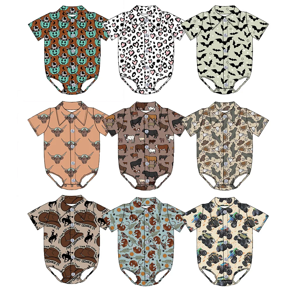 Toddler Boy Girl Western Print Milk Silk Soft Turn Down Collar Jumpsuit Newborn Baby Short Sleeve Romper Kids Button up Leotards