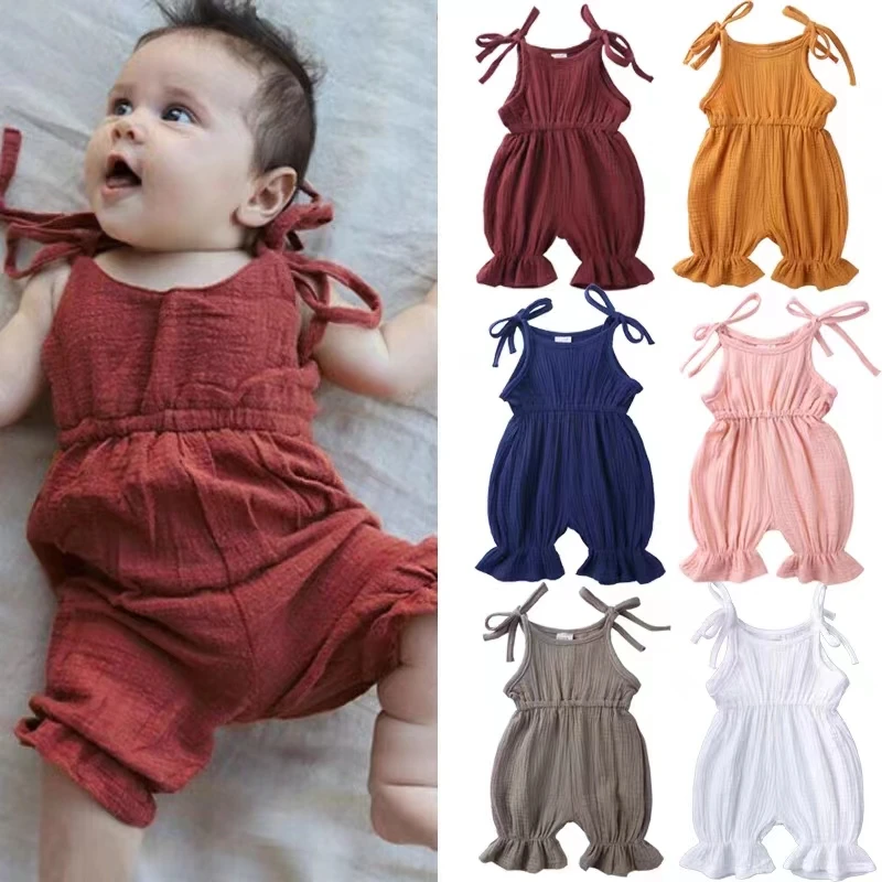 Latest Summer Baby Jumpsuit Cute Bodysuit Lace-up Design Little Girl Jumpsuit Custom Solid Color Cotton and Linen Kids Clothing - Image 2
