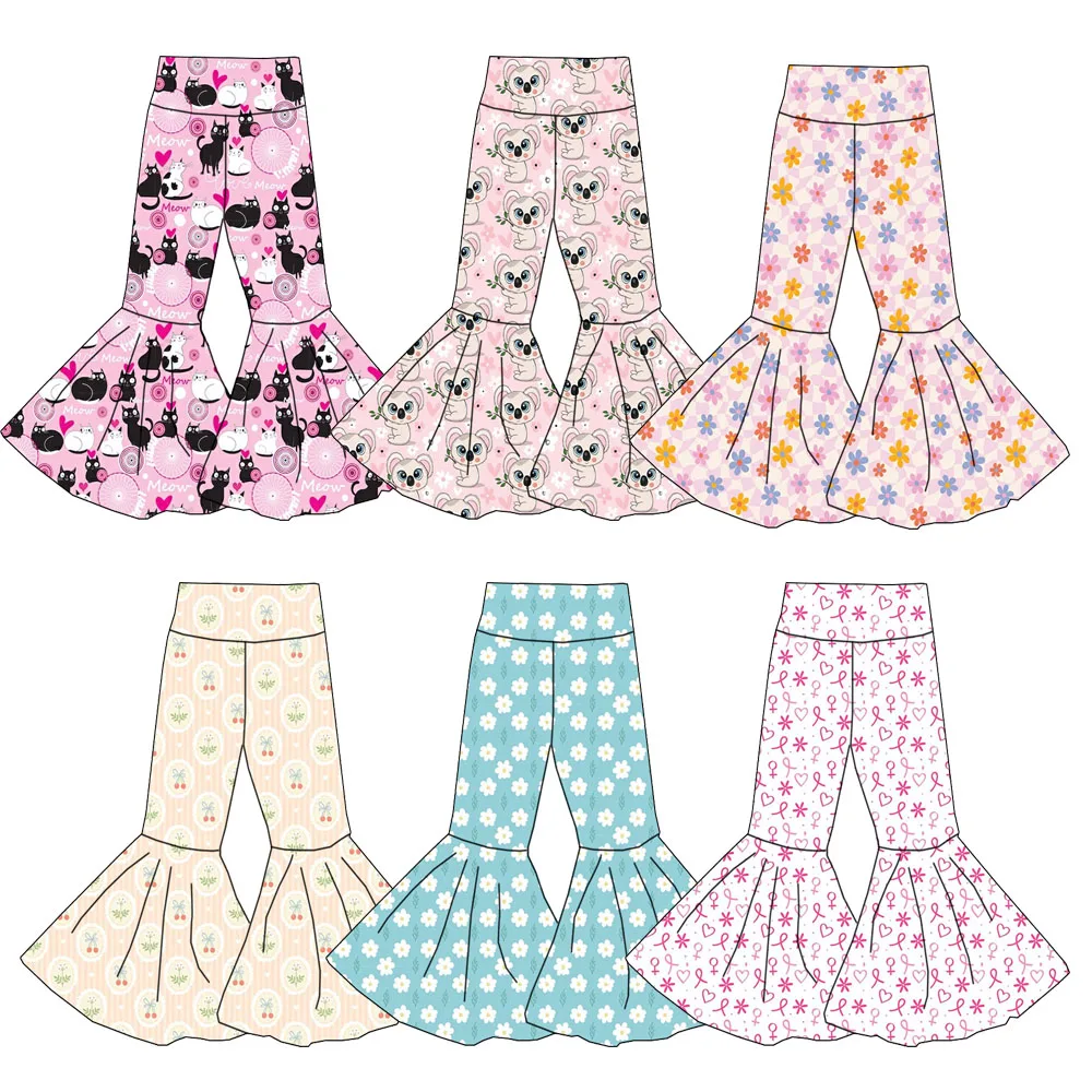 Boutique Custom Girls Bell Bottoms High Quality Knitted Fabric Casual Plus Size Pants Printed Design