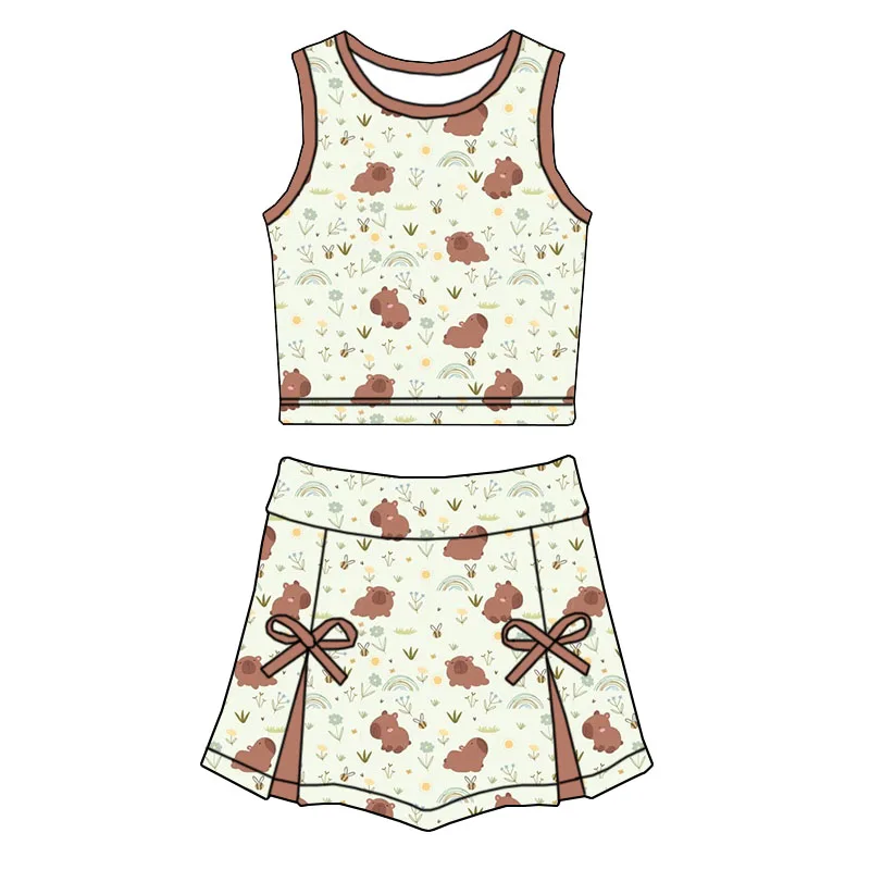 High-quality Girl's Sleeveless Round-neck Top and Short Skirt Two-piece Set with Bow Decoration for Wide Waist Girls' Outfit - Image 4