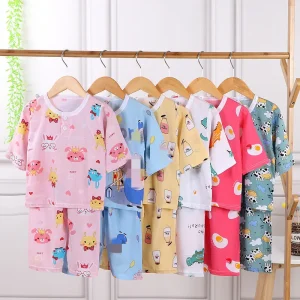 Summer Children's Silk Suit Boys and Girls Thin Cotton Pajamas 7 Points Short Sleeve Set air Conditioning Clothes Home Clothes