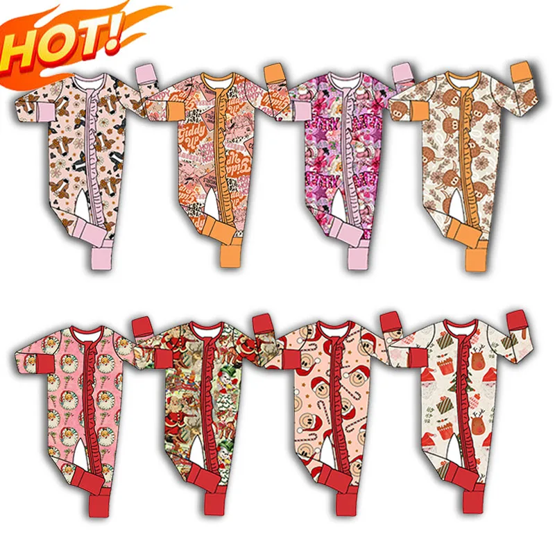Hot Sell Infant Christmas Romper Custom Ruffles Design Baby Girl Winter Fold Hand and Feet Long Sleeve Zipper Lovely Sleepwear - Image 2