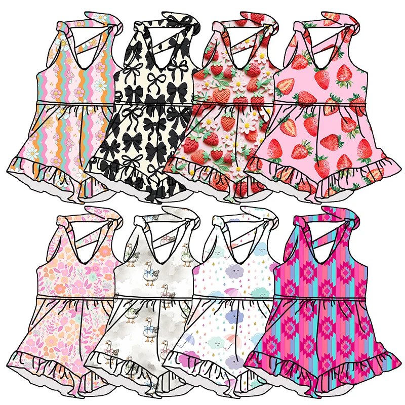 Newest Fashion Girl Clothing Custom Design Soft Fabric Tie Ruffle Shorts One Piece Toddler Girls Romper