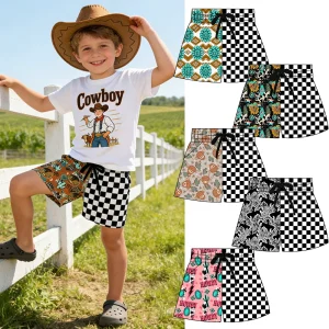 High Quality Little Boys Patchwork Checkerboard Shorts with Drawstring Waist Custom Casual Western Bottoms&Shorts for Kids