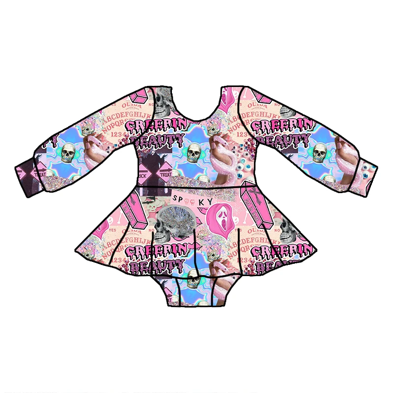 2023 Fashion Children Fall Season Spooky Kids One-piece Custom Prints Girls Long Sleeve Skirted Romper - Image 5