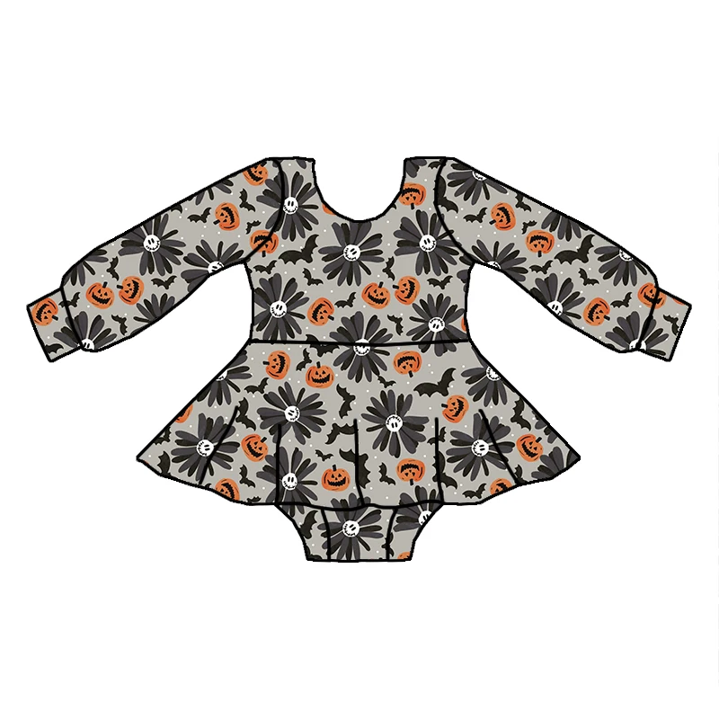 2023 Fashion Children Fall Season Spooky Kids One-piece Custom Prints Girls Long Sleeve Skirted Romper - Image 4