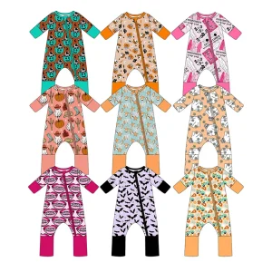 Halloween Western Custom Print Bamboo Fabric Long Sleeve Newborn Baby Fold Over Zipper Sleeper Boy Girl One Piece Pajamas