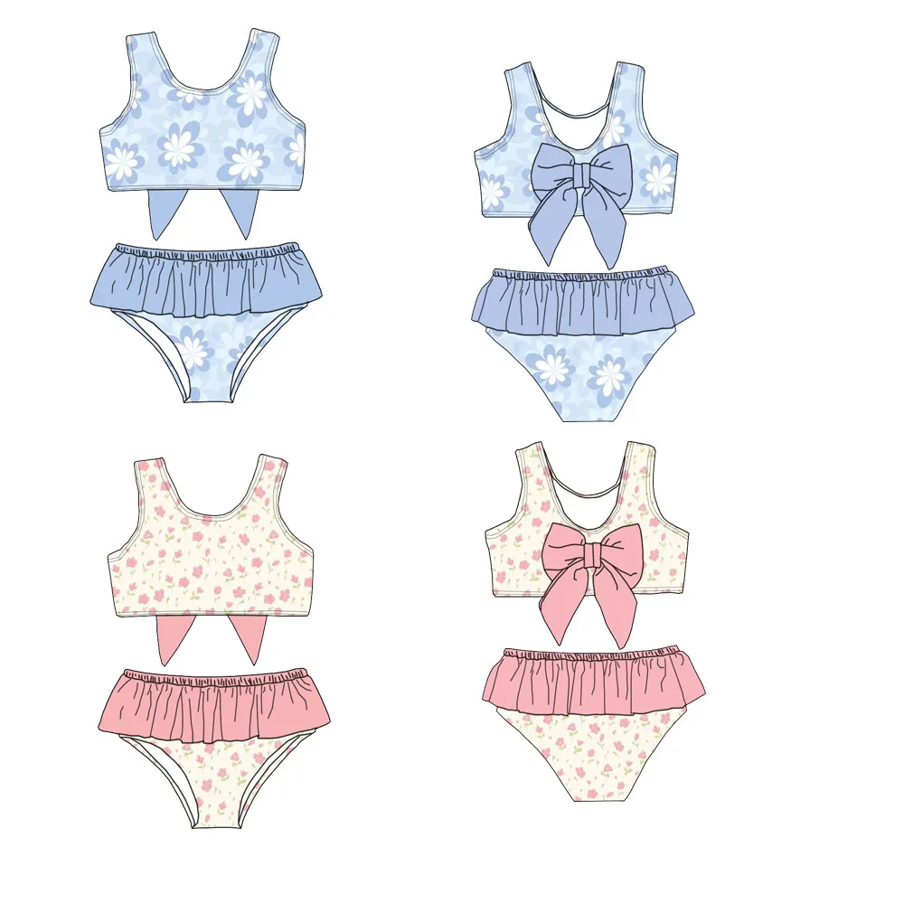 Newly Arrived Summer Baby Girl High Quality Swimsuit Custom Printed Baby Girl Swimsuit Bow Decorative Beachwear Two-piece Set
