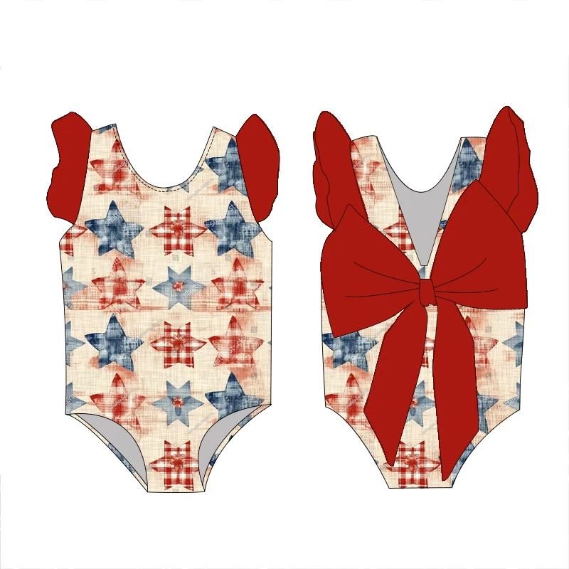 Wholesale Custom Girl's Summer Big Bow Swimsuit 4th of July Printing Kid's Sleeveless Beach Swimwear - Image 4