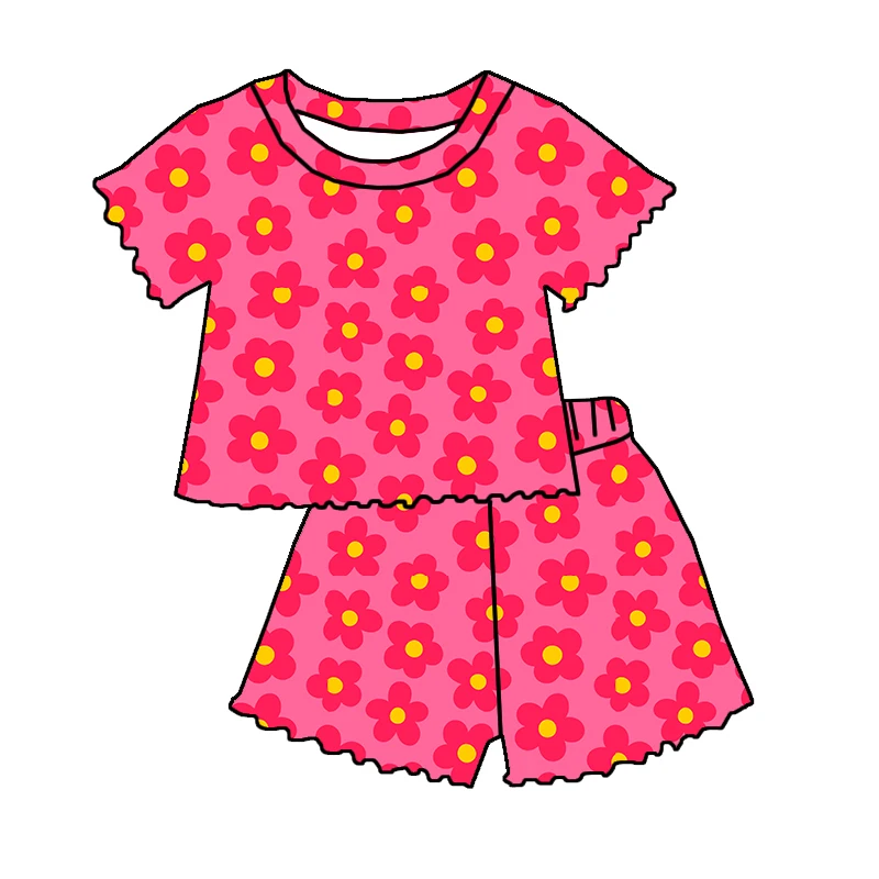 New Arrival Kids Clothing Custom Printing Crop Length Shirt Matching Lettuce Edge Shorts Girls Summer Clothes Sets - Image 3