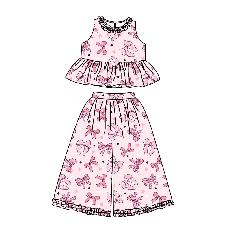 High-quality Summer Girl Sleeveless Peplum Top with Long Wide-leg Pants Set Custom Printed Children's Clothing - Image 5