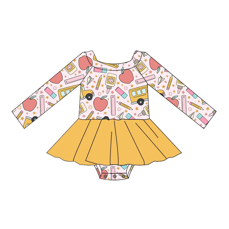 Factory Made Fall Winter Long Sleeve Off Shoulder Girl Skirted Romper Custom Print Kids Jumpsuit Baby Fitted Bodysuits - Image 6