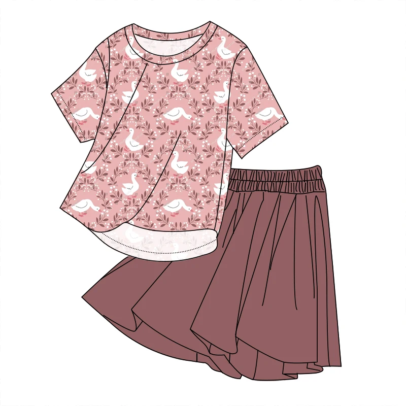 Hot Sale Kids Girl Short Sleeve Shirt with Skirts Set Soft Bamboo Fabric Little Girl Outfits - Image 4